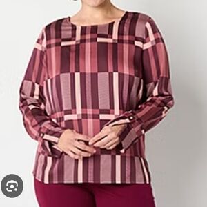 Liz Claiborne Long Sleeve Blouse Wine Plaid Sz 1X NWT
